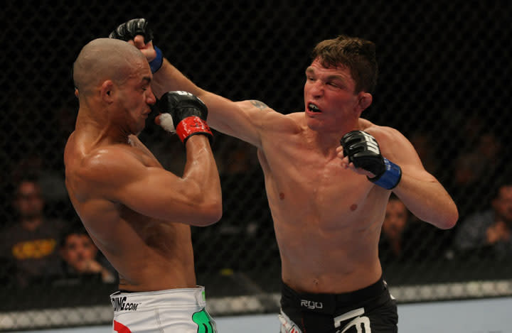 LAS VEGAS, NV - MAY 26: Darren Elkins (R) punches Diego Brandao during a featherweight bout at UFC 146 at MGM Grand Garden Arena on May 26, 2012 in Las Vegas, Nevada.