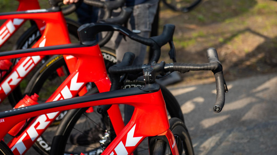 A red Trek bike with Sram Red equipment