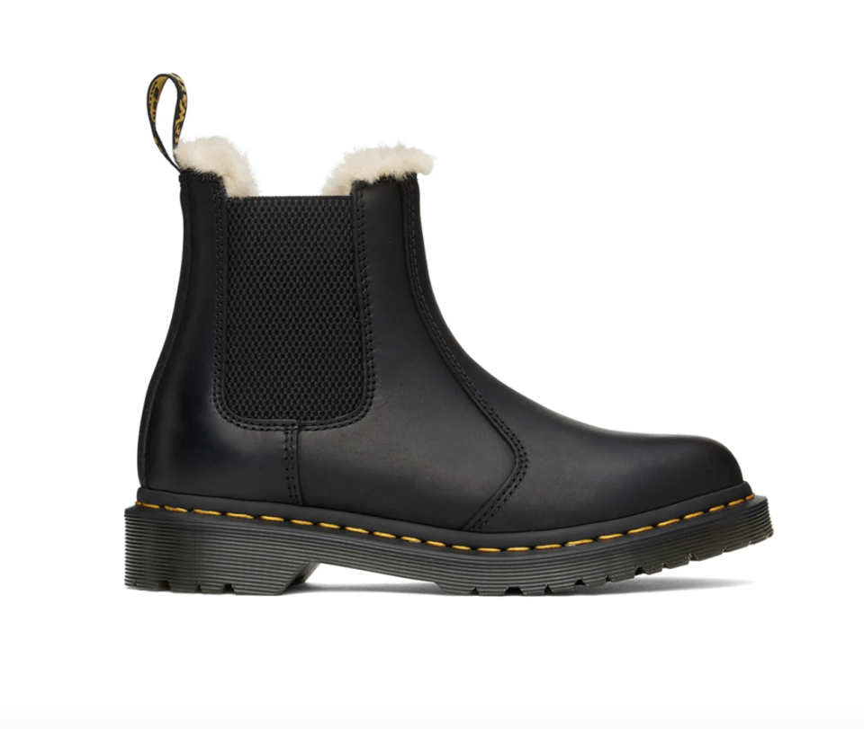 Dr. Martens 2976 Leonore Chelsea Boots with shearling fur lining in black leather (Photo via SSENSE)