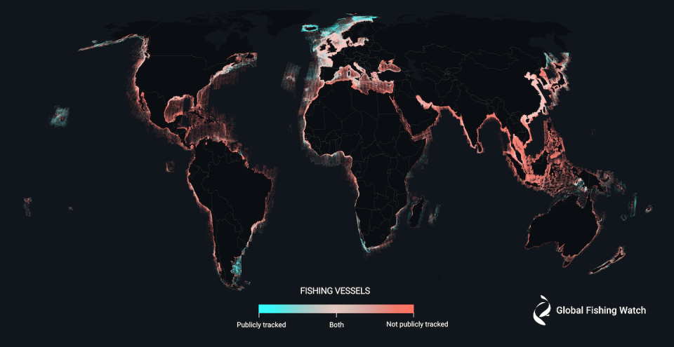 Data analysis reveals that about 75% of the world’s industrial fishing vessels are not publicly tracked, with much of that fishing taking place around Africa and South Asia. Global Fishing Watch, <a href="http://creativecommons.org/licenses/by-nd/4.0/" rel="nofollow noopener" target="_blank" data-ylk="slk:CC BY-ND;elm:context_link;itc:0;sec:content-canvas" class="link ">CC BY-ND</a>