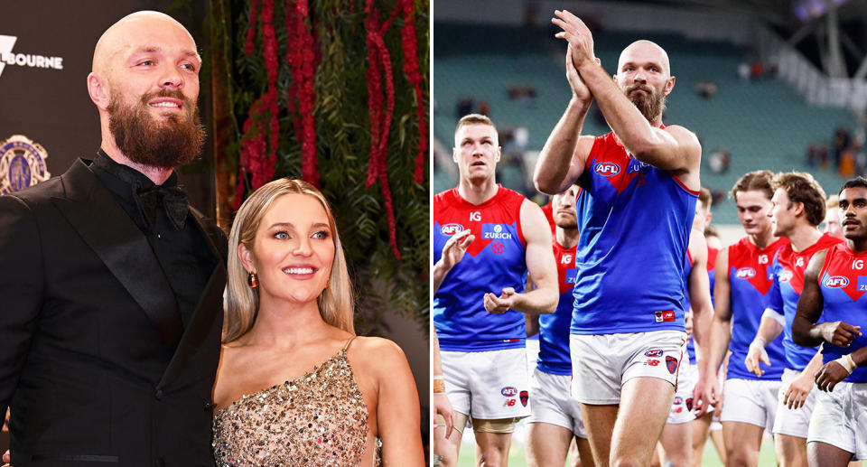 Melbourne Demons skipper Max Gawn made a cheeky joke about his wife Jess and their kids after his side's win against the Crows in AFL's Gather Round. Pic: Getty