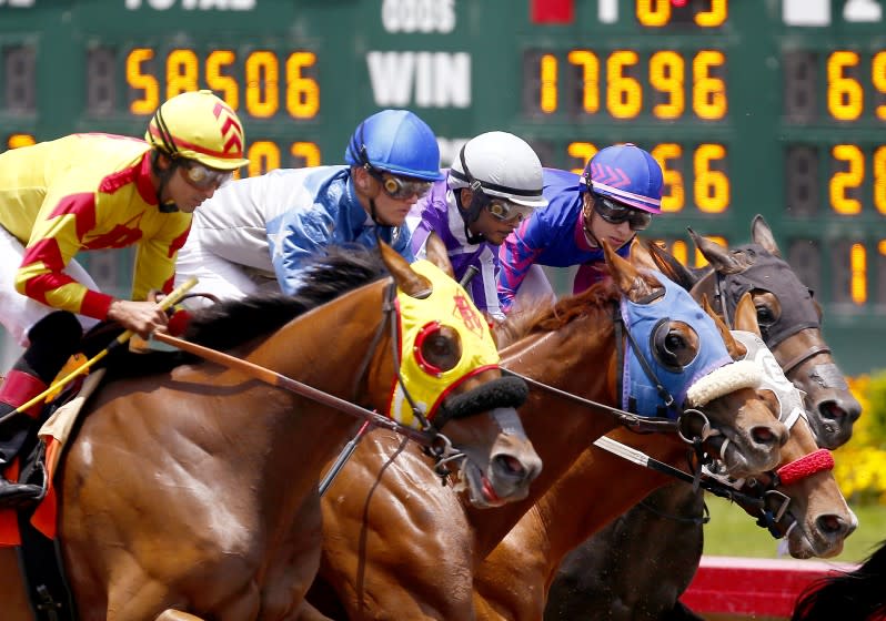 Horses and jockeys charge down the track at Los Alamitos.