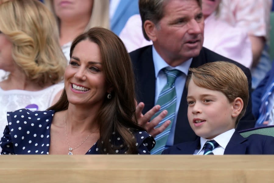 FILE – Britain’s Kate, Duchess of Cambridge and Prince George are seen in the royal box before the final of the men’s singles on day fourteen of the Wimbledon tennis championships in London, Sunday, July 10, 2022. (AP Photo/Kirsty Wigglesworth, File)