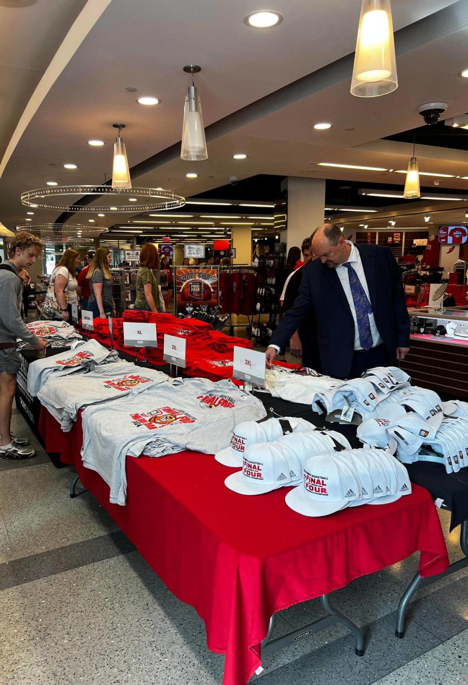 N.C. State University’s campus stores, Wolfpack Outfitters, have set up temporary displays of extra items they’re offering as the men’s and women’s basketball teams play in the NCAA tournament.