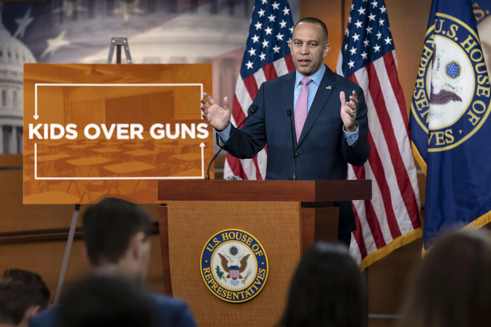 FILE - House Minority Leader Hakeem Jeffries, D-N.Y., the top Democrat in the House, criticizes Republican policies on guns in the wake of the deadly school shooting in Nashville, during a news conference at the Capitol in Washington, March 30, 2023. (AP Photo/J. Scott Applewhite, File)