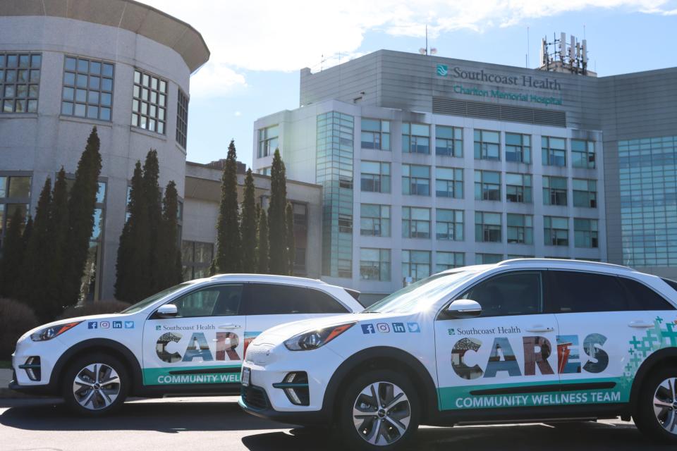 Southcoast Health is transitioning its single diesel-powered Wellness Van to these two electric vehicles, seen here parked outside of Charlton Memorial Hospital in Fall River