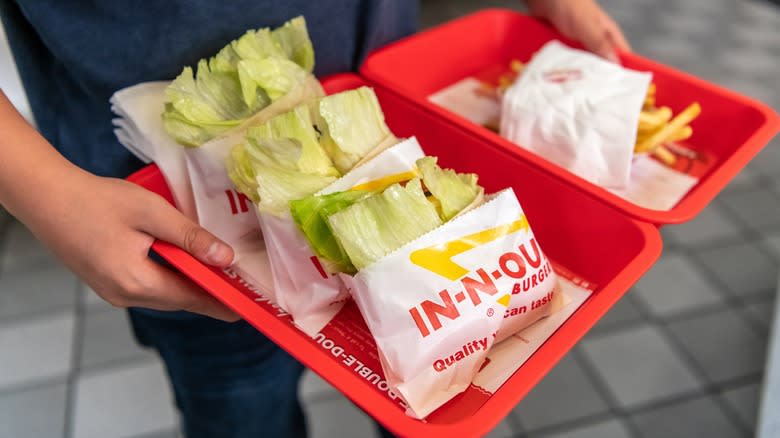 In-N-Out tray with lettuce-wrapped burgers