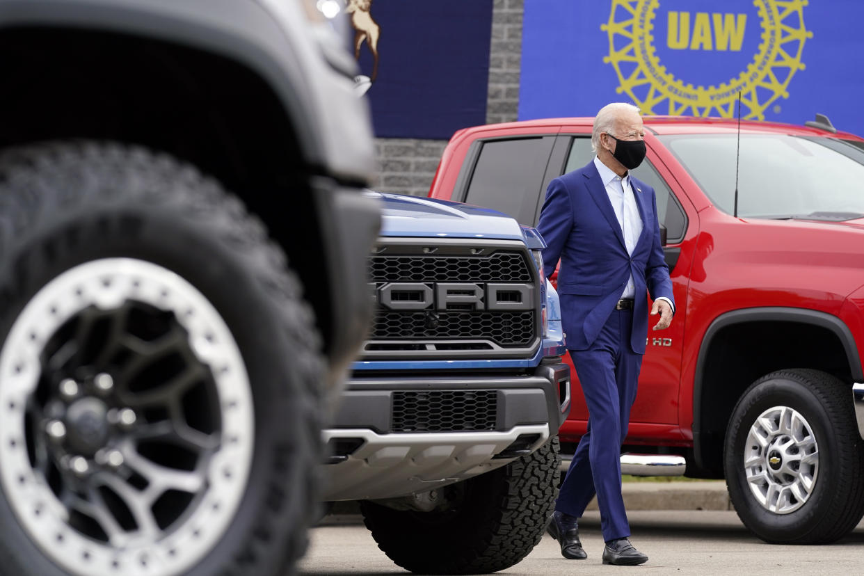 Democratic presidential candidate former Vice President Joe Biden arrives to speak during a campaign event on manufacturing and buying American-made products at UAW Region 1 headquarters in Warren, Mich., Wednesday, Sept. 9, 2020. (AP Photo/Patrick Semansky)