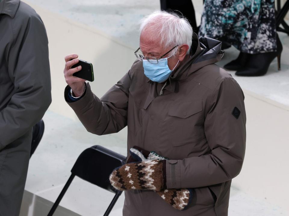 Fans of Vermont senator Bernie Sanders went wild for his unique mittens, which were reportedly made by Jen Ellis, a teacher from Essex Junction, Vermont, as Joe Biden’s inauguration ceremony unfoldedPOOL/AFP via Getty Images