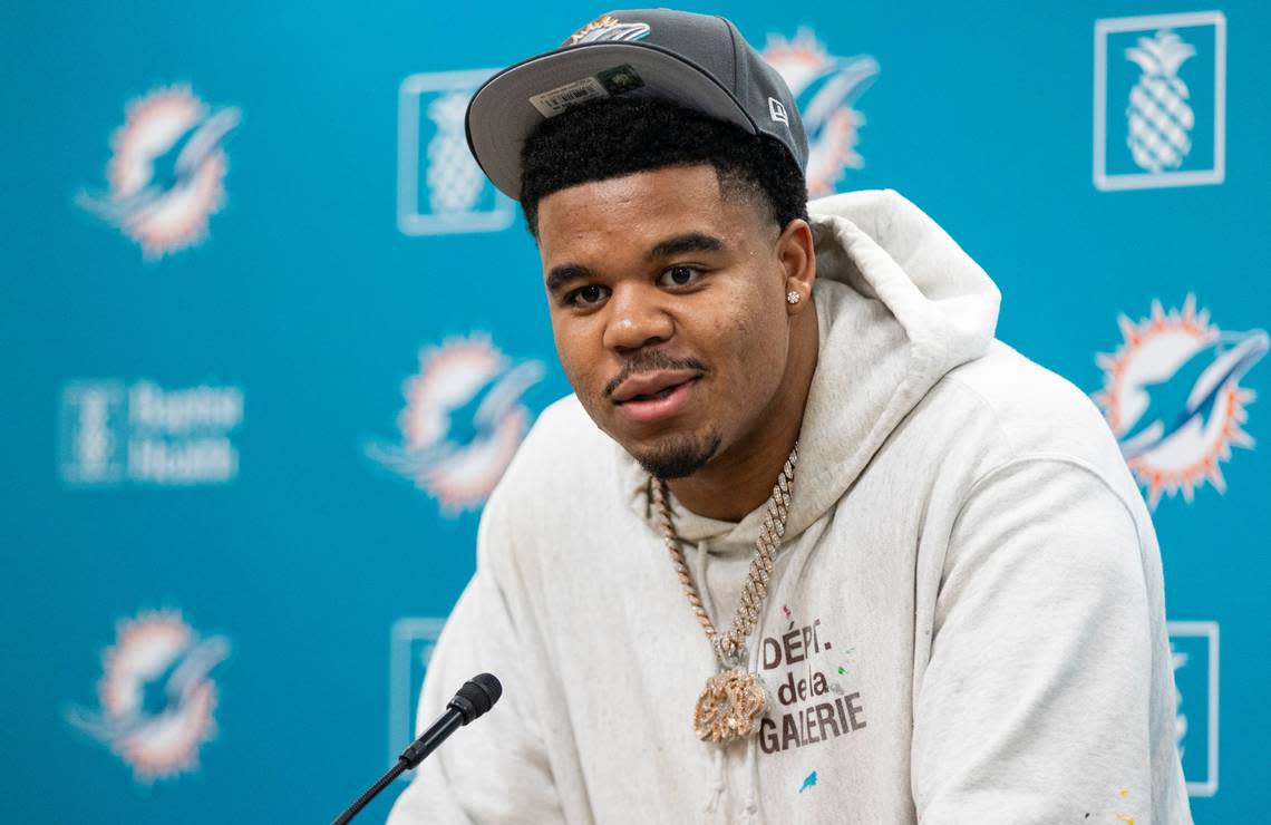 Miami Dolphins linebacker Chop Robinson speaks during a press conference at the Baptist Health Training Complex on Friday, April 26, 2024 in Miami Gardens, Fla. Robinson was the Dolphins’ first-round 21st pick during Thursday’s NFL Draft.