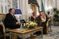 U.S. Secretary of State Mike Pompeo, left, meets with King Salman, right, at Al Salam Palace in Jeddah, Saudi Arabia, Monday, June 24, 2019. Pompeo is conducting consultations during a short tour of the Middle East, including visits to Saudi Arabia and United Arab Emirates. (AP Photo/Jacquelyn Martin, Pool)