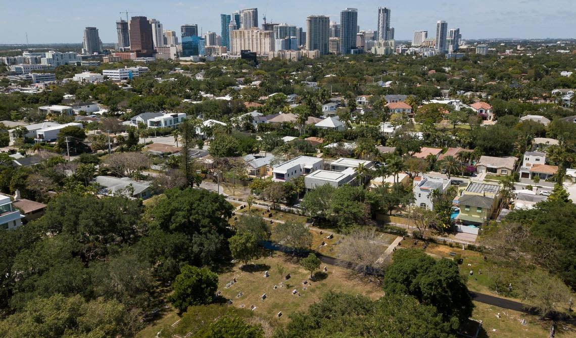 An aerial view of the Evergreen Cemetery on Wednesday, April 17, 2024, in Fort Lauderdale, Florida.