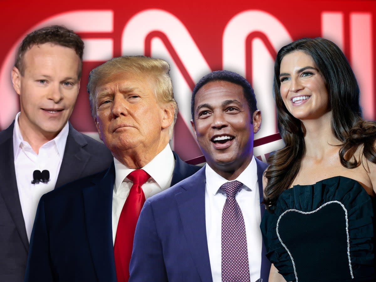 Ousted CNN boss Chris Licht, left, with Donald Trump, Don Lemon and Kaitlin Collins  (Getty)