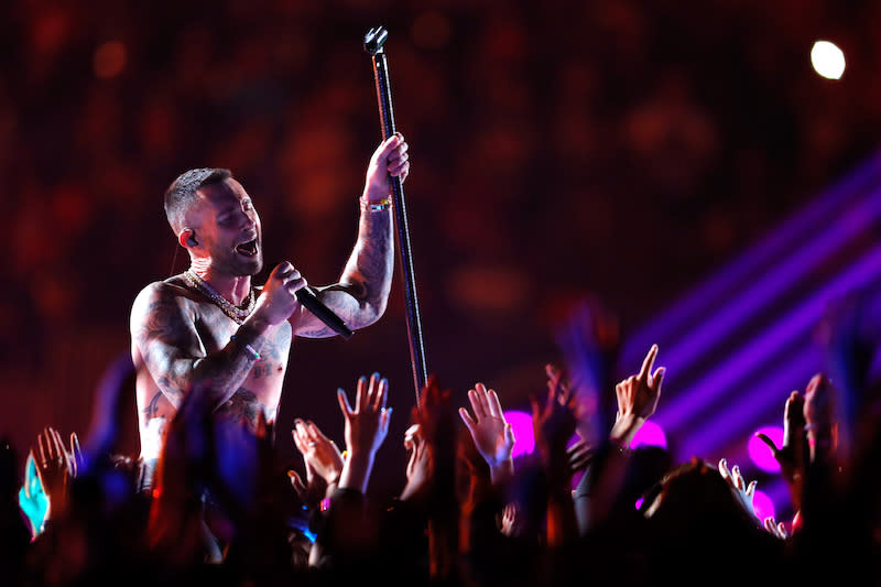 Maroon 5’s Adam Levine responded to critics on his Instagram page after the band was blasted on Twitter during the Super Bowl LIII halftime show Sunday in Atlanta. Photo from Getty Images.