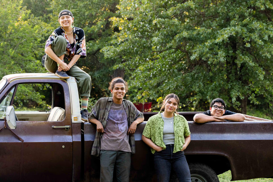 RESERVATION DOGS —“Dig”—Season 3, Episode 10  (Airs Wednesday, September 27th) Pictured: (l-r) Paulina Alexis as Willie Jack,  D’Pharaoh Woon-A-Tai as Bear, Devery Jacobs as Elora Danan, Lane Factor as Cheese. CR: Shane Brown/FX.