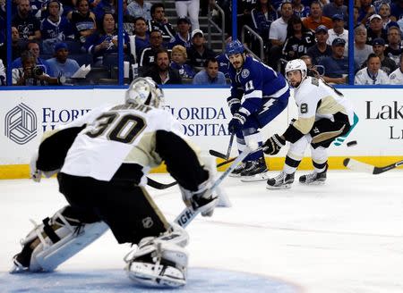 May 24, 2016; Tampa, FL, USA; Tampa Bay Lightning center Brian Boyle (11) scores a goal on Pittsburgh Penguins goalie Matt Murray (30) during the third period of game six of the Eastern Conference Final of the 2016 Stanley Cup Playoffs at Amalie Arena. Mandatory Credit: Kim Klement-USA TODAY Sports