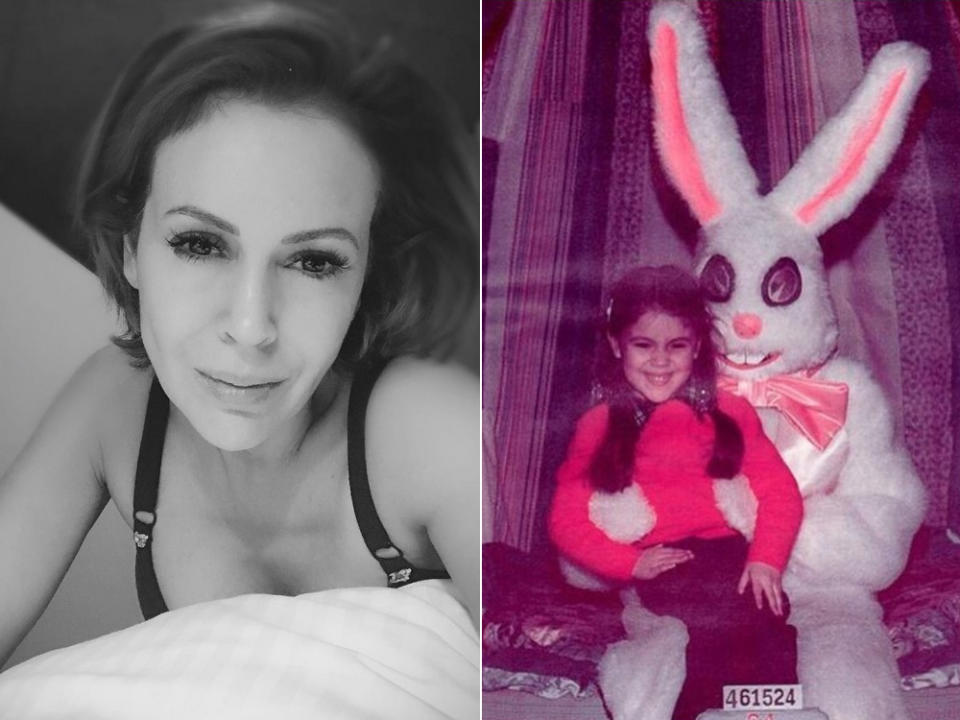 Das lief nicht so ganz nach Plan: Mit diesem Kindheitsschnappschuss wollte Schauspielerin Alyssa Milano ihren Fans eigentlichen einen niedlichen Ostergruß zukommen lassen – doch ihre Follower hatten einzig Augen für den “gruseligen Horrorhasen”, mit dem Alyssa als kleines Mädchen posierte. (Bild: Instagram/milano_alyssa)