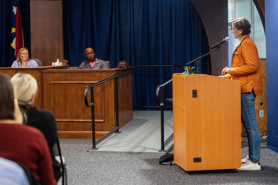 Buncombe County Commissioner Jasmine Beach-Ferrara, who is also the executive director of Campaign for Southern Equality, spoke during public comment at the Asheville City Schools board meeting, October 9, 2023.