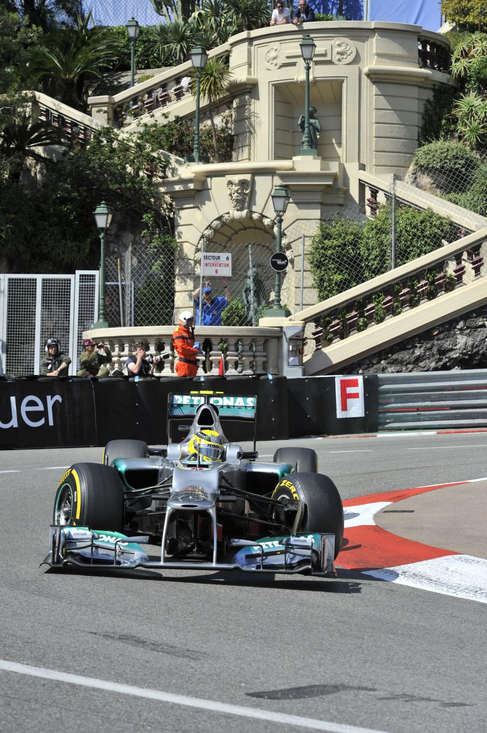 Mercedes' German driver Nico Rosberg drives during first practice session at the Circuit de Monaco on May 24, 2012 in Monte Carlo ahead of the Monaco Formula One Grand Prix. AFP PHOTO / BORIS HORVATBORIS HORVAT/AFP/GettyImages