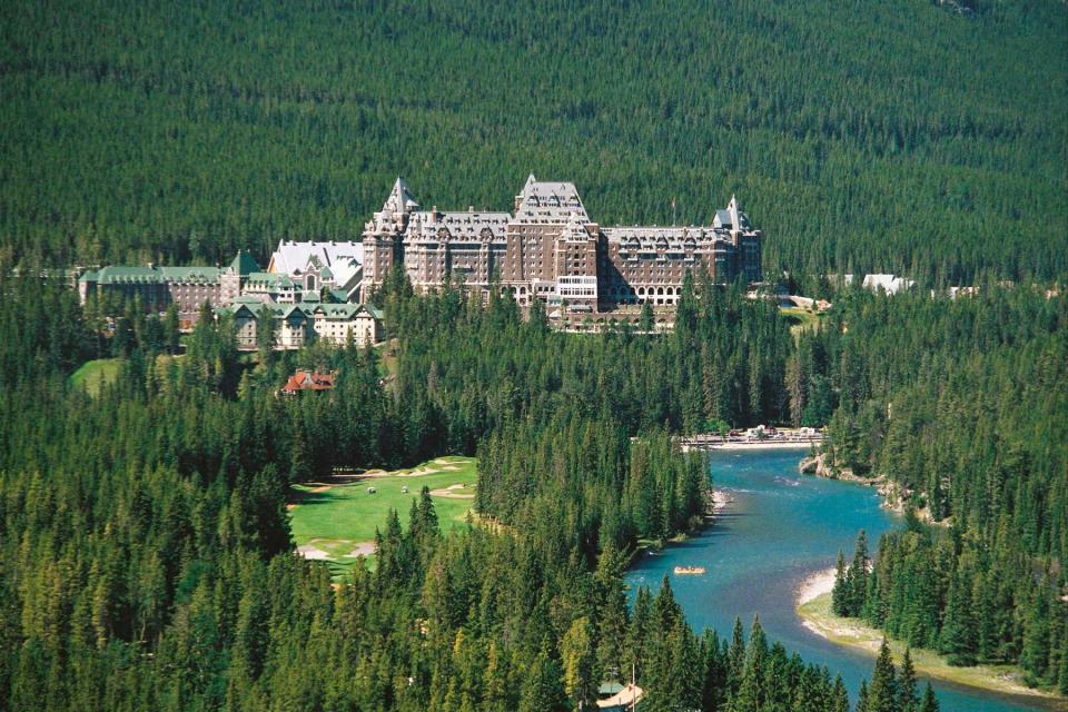 Aerial view of the grand Fairmont Banff Springs hotel in Alberta, Canada