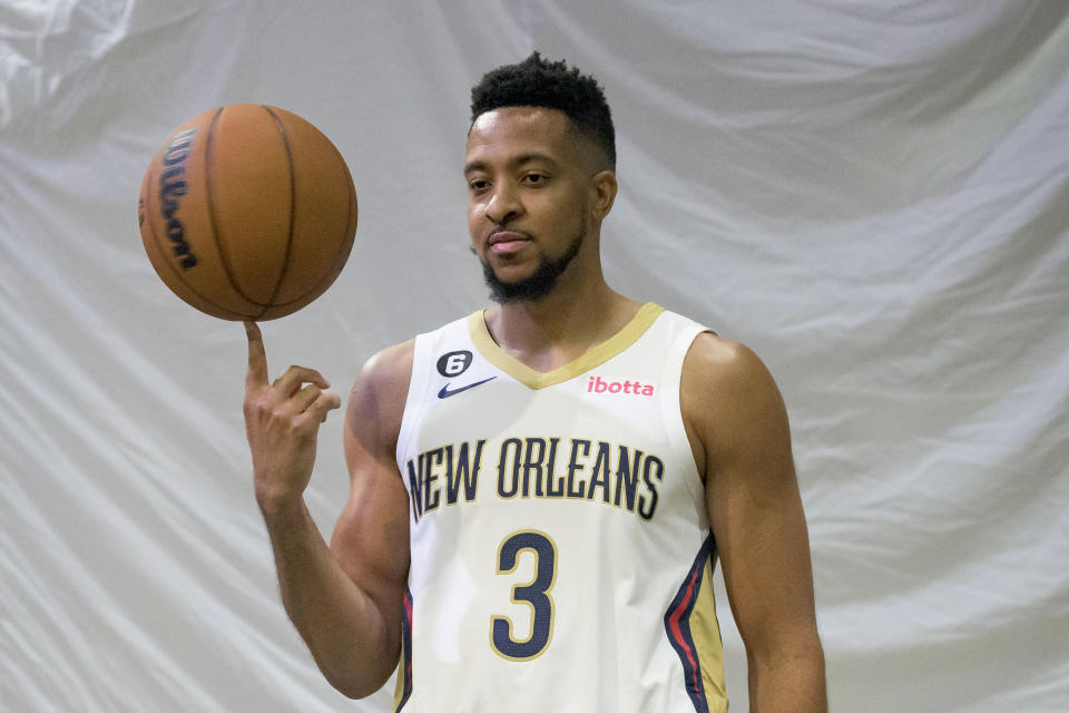 New Orleans Pelicans shooting guard CJ McCollum takes part in the NBA basketball team's Media Day in New Orleans, Monday, Sept. 26, 2022. (AP Photo/Matthew Hinton)