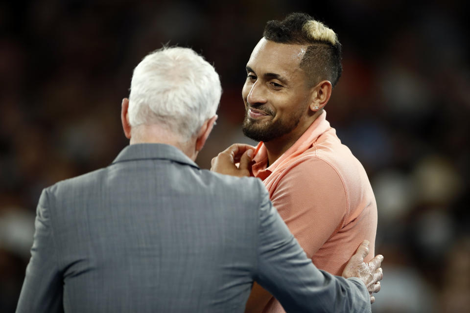 Nick Kyrgios of Australia is interviewed by John McEnroe after winning his Men's Singles first round match against Lorenzo Sonego of Italy on day two of the 2020 Australian Open at Melbourne Park on January 21, 2020 in Melbourne, Australia. (Photo by Daniel Pockett/Getty Images)