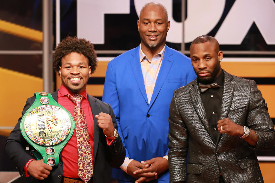 LOS ANGELES, CALIFORNIA - NOVEMBER 13: (L-R) Shawn Porter, Lennox Lewis and Yordenis Ugás attend FOX Sports and Premier Boxing Champions Press Conference Experience on November 13, 2018 in Los Angeles, California. (Photo by Leon Bennett/Getty Images)