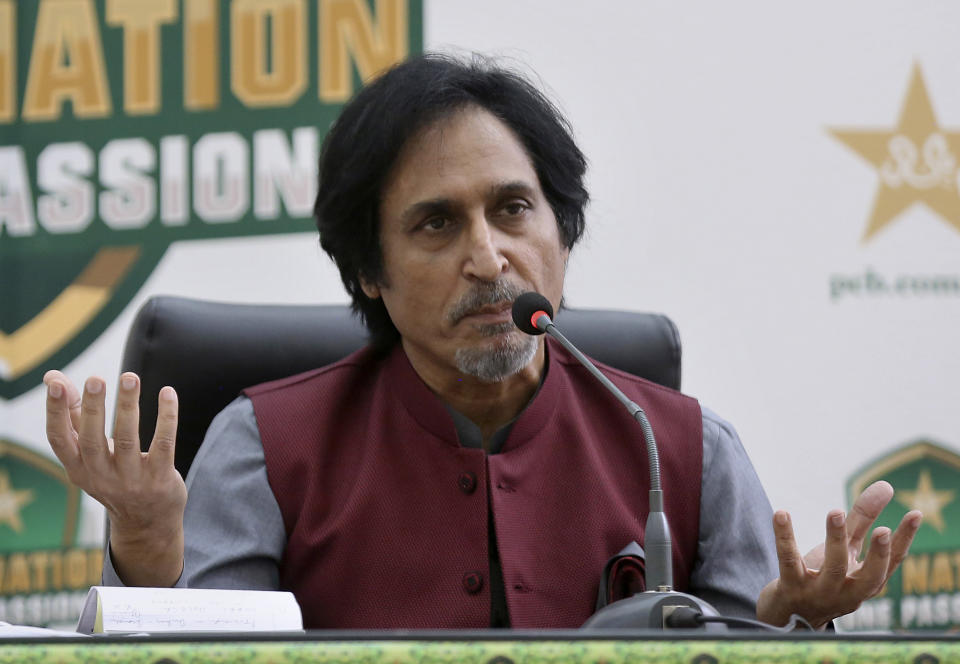Ramiz Raja, newly elected Chairman of the Pakistan Cricket Board, gives a press conference, in Lahore, Pakistan, Monday, Sept. 13, 2021. Raja was elected unopposed Monday as the chairman of the Pakistan Cricket Board for three years. Last month, Prime Minister Imran Khan, in his role as patron of the PCB, nominated Raja to the governing board. (AP Photo/K.M. Chaudary)