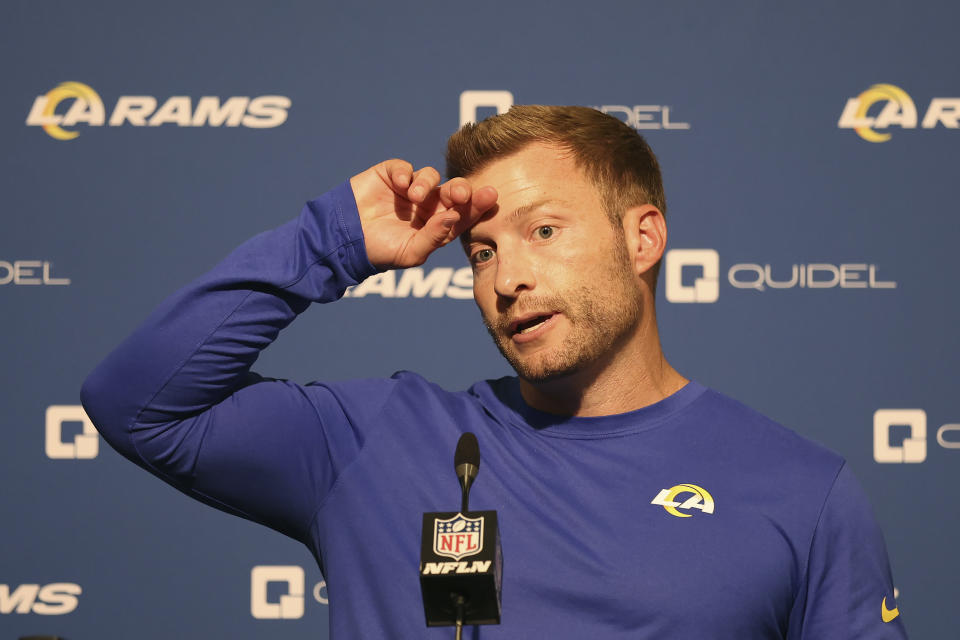 Los Angeles Rams head coach Sean McVay speaks at a news conference after an NFL football game against the San Francisco 49ers in Santa Clara, Calif., Monday, Oct. 3, 2022. (AP Photo/Jed Jacobsohn)