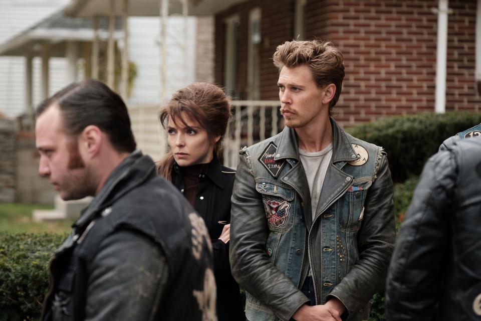 Emory Cohen (from left) as Cockroach, Jodie Comer as Kathy and Austin Butler as Benny in "The Bikeriders," a story anchored to the relationship between Benny and Kathy.