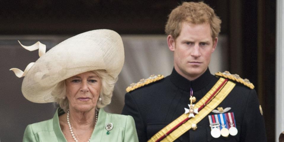 london, england june 13 camilla, duchess of cornwall and prince harry during the annual trooping the colour ceremony at buckingham palace on june 13, 2015 in london, england photo by mark cuthbertuk press via getty images
