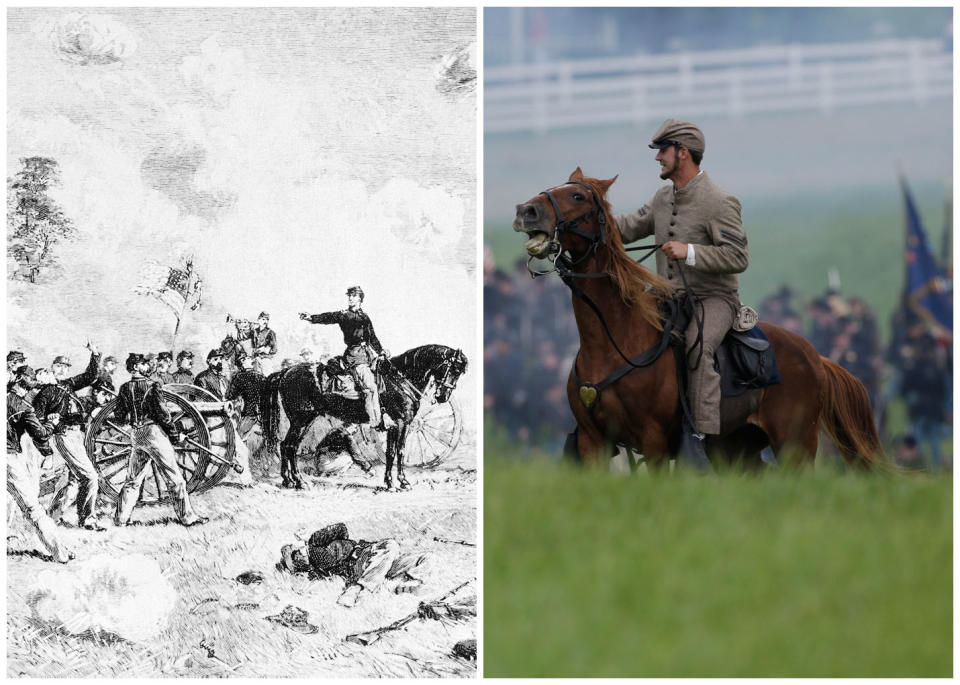 This combination image shows, left, a sketch of Bayard Wilkeson, on horseback, directing the fire of the 4th U.S. Artillery against the Confederate ranks during the battle of Gettysburg, July 4, 1863, and right, a mounted Confederate re-enactor taking part in a demonstration of a battle during ongoing activities commemorating the 150th anniversary of the Battle of Gettysburg, Friday, June 28, 2013, in Gettysburg, Pa. The sketch is by combat artist Lt. Alfred R. Waud. (AP Photo)