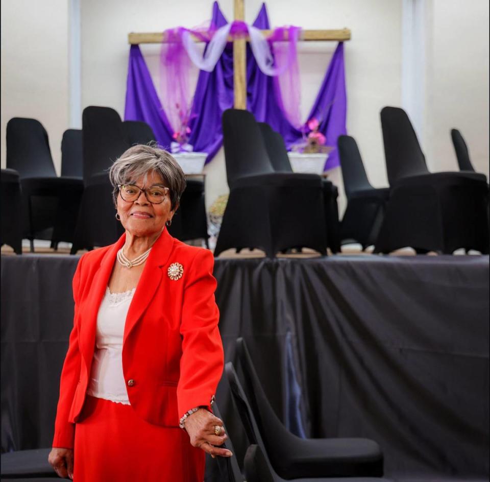 Berdine Smith, 92, a devoted member of St. John Institutional Missionary Baptist Church for 60 years, at Sunday services inside the church’s temporary location in its fellowship hall on July 23, 2023, in Miami’s historic Overtown neighborhood.