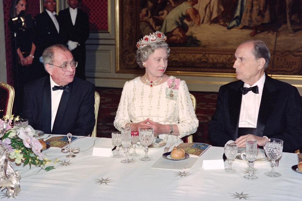 Queen Elizabeth II, pictured here at a dinner the Elysee Palace in Paris on June 9, 1992 favoured poached fish vegetables and salad. (Getty Images) 