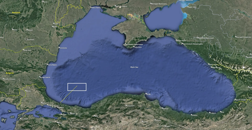 In this map, the white box shows the general area where Russia claims the attack took place. The yellow line measures a distance 90 miles northeast of the Bosphorus Strait. <em>Google Earth</em>