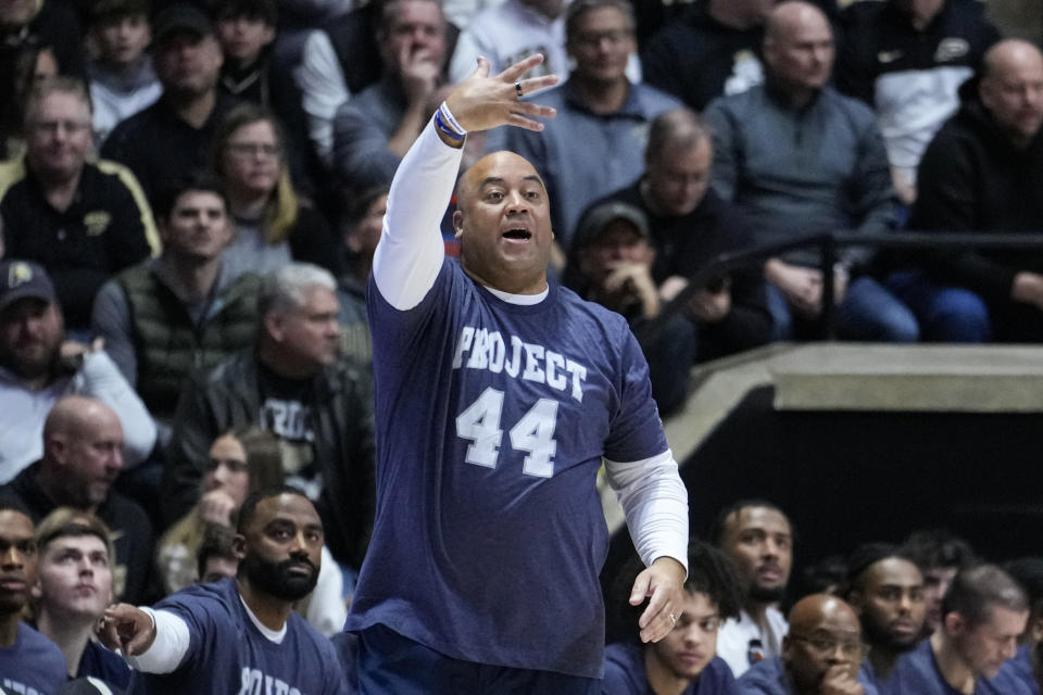 Penn State head coach Micah Shrewsberry calls a play for his team as they played against Purdue during the first half of an NCAA college basketball game in West Lafayette, Ind., Wednesday, Feb. 1, 2023. Purdue defeated Penn State 80-60. (AP Photo/Michael Conroy)