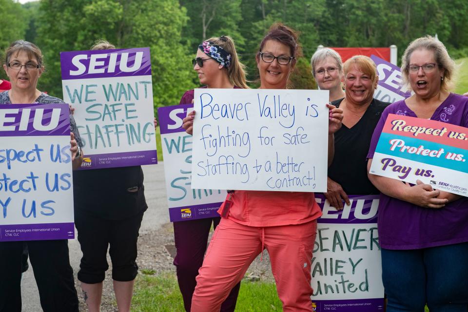 Workers from Beaver Valley Healthcare and Rehab Center in South Beaver Township at a protest last year demanding better staffing, increased wages and protections for residents.