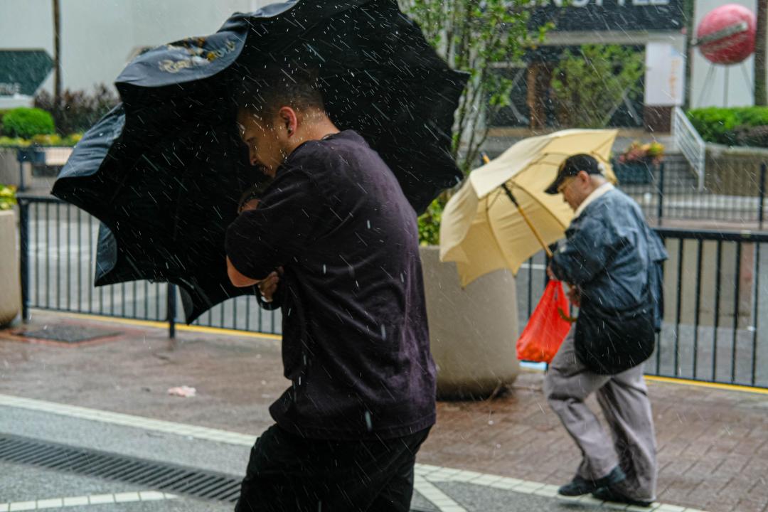 September 6, 2024, Hong Kong, China: Two men walk with umbrellas under a heavy rain and wind. People start heading to work after the Hong Kong Observatory lowered the typhoon signal to No. 3 as the storm receded. (Credit Image: © Keith Tsuji/ZUMA Press Wire) EDITORIAL USAGE ONLY! Not for Commercial USAGE!