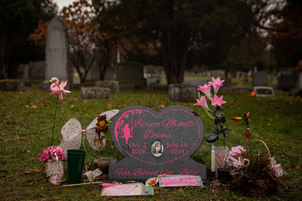 The headstone for Bianca Devins is covered in flowers and tokens from friends and family. (Photo: Maranie Staab for HuffPost)