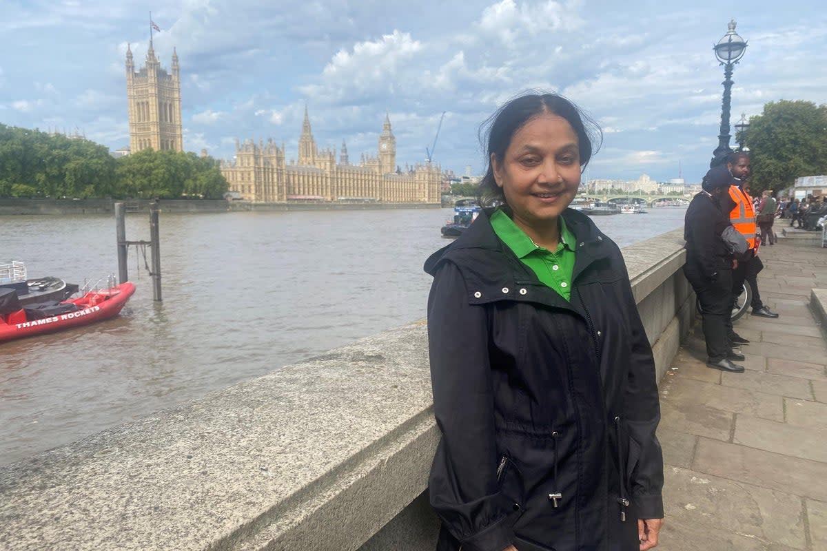 Vanessa Nanthakumaran, 56, from Harrow, is thought to be the first person to arrive to queue for the Queen lying in state in London (Rebecca Speare-Cole/PA) (PA Wire)