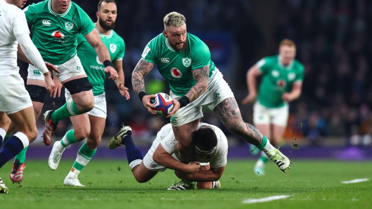  Andrew Porter of Ireland is tackled during the Guinness Six Nations 2024 match between England and Ireland at Twickenham Stadium on March 9, 2024 in London, England. 