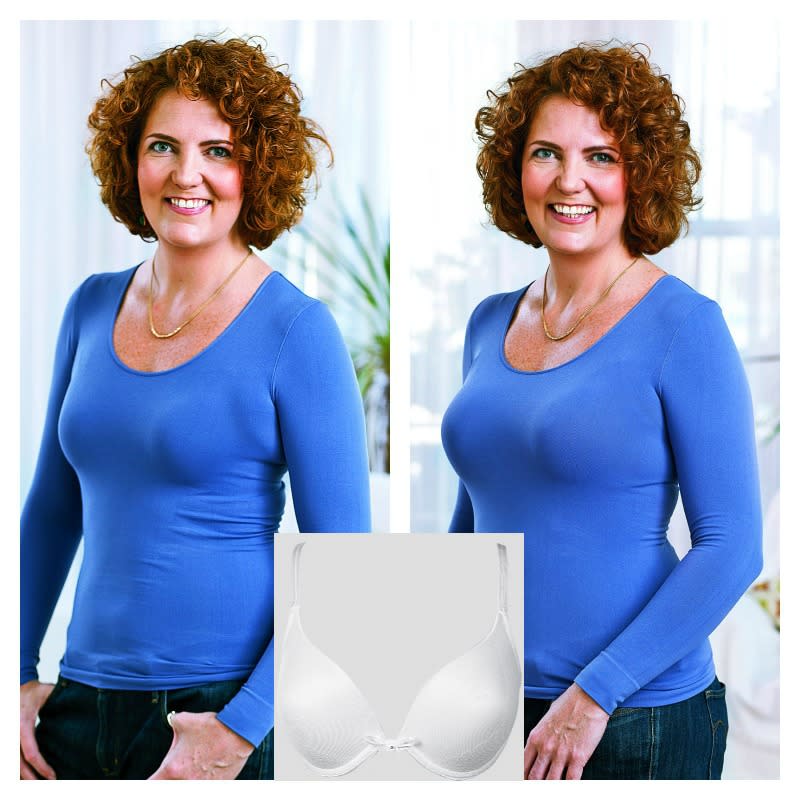 brunette woman smiling in dark blue shirt before and after bra