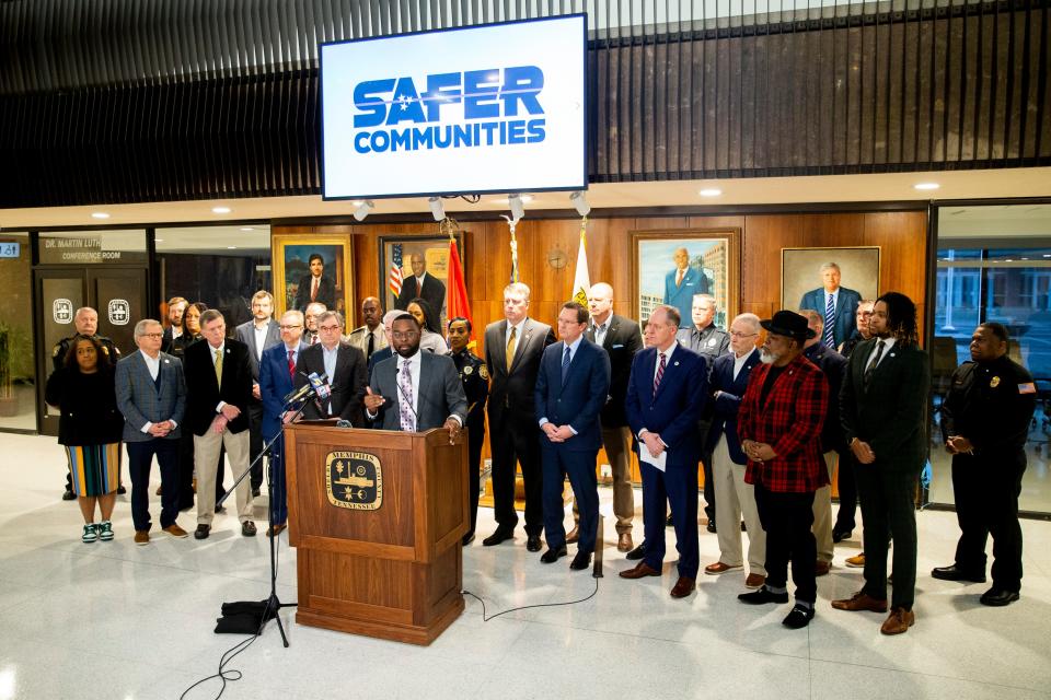 Mayor Paul Young speaks surrounded by local and state officials during a press conference where Tennessee House Speaker Cameron Sexton announced plans to introduce a bill that would amend the state constitution and allow judges to not set bail for a wider variety of violent charges at Memphis City Hall on Friday, January 26, 2024.