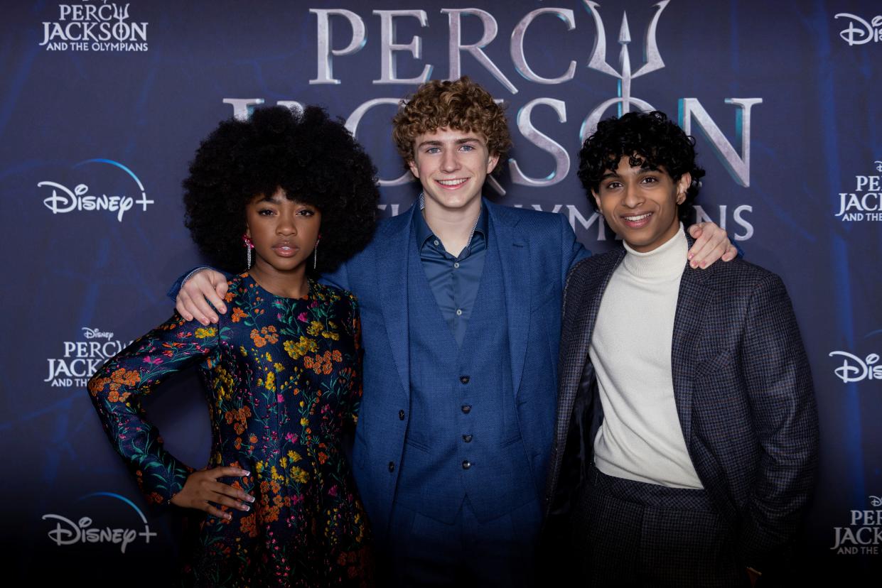 Leah Sava Jeffries,  Walker Scobell and Aryan Simhadri at the London premiere of "Percy Jackson and the Olympians" on Dec. 16.