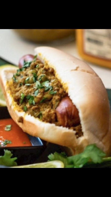 The curry dog is a deep-fried, all-beef hot dog in a hoagie bun, topped with the curry of your choice.