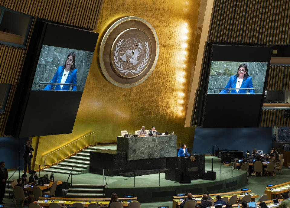 Vice President of Venezuela Delcy Rodriguez addresses the 74th session of the United Nations General Assembly, Friday, Sept. 27, 2019, at the United Nations headquarters. (AP Photo/Craig Ruttle)