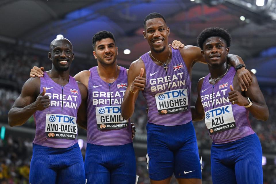 Eugene Amo-Dadzie, Adam Gemili, Zharnel Hughes, and Jeremiah Azu after the men’s 4x100m relay final in Budapest (Getty)
