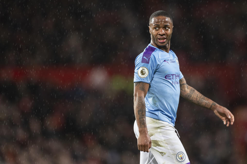 Manchester City's Raheem Sterling during the Premier League match on March 8. (Daniel Chesterton/Offside/Getty Images)