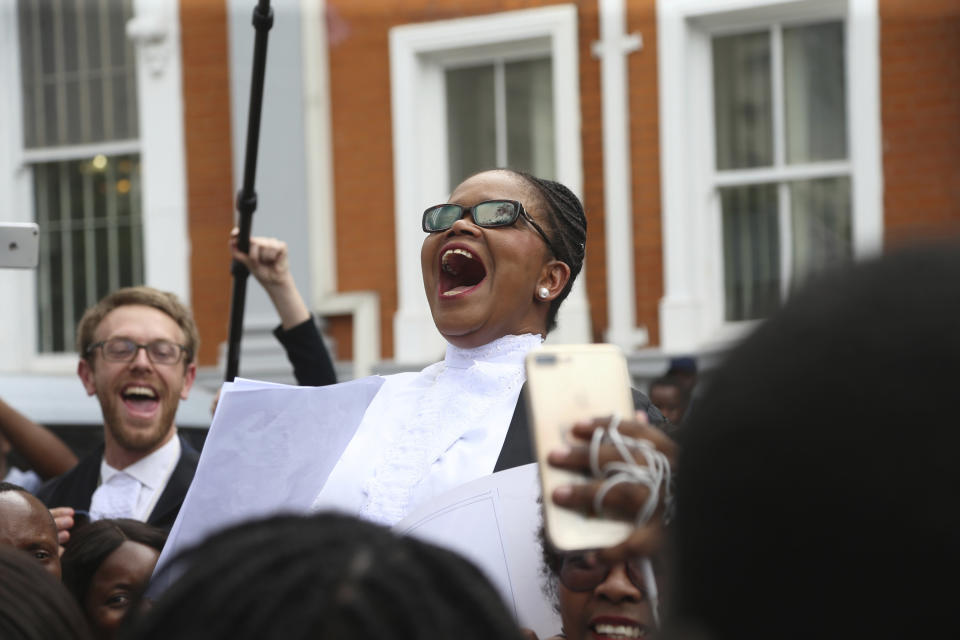 Beatrice Mtetwa a prominent Zimbabwean lawyer addresses fellow lawyers during a protest over rule of law concerns in Harare, Tuesday Jan. 29, 2018. The lawyers handed over a petition to the country's Chief Justice in a bid to stop human rights abuses in the country. Zimbabwe's president Monday said he was "appalled" by a televised report showing abuses by security forces in a continuing crackdown after angry protests against the government's drastic fuel price hikes. (AP Photo/Tsvangirayi Mukwazhi)