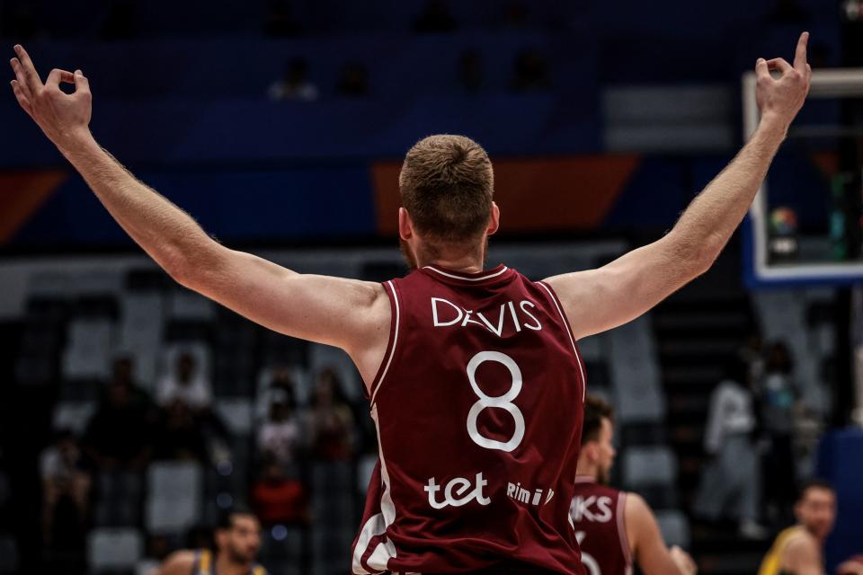 Latvia’s Davis Bertans gestures during the FIBA Basketball World Cup group L match between Brazil and Latvia at Indonesia Arena in Jakarta on September 3, 2023. (Photo by Yasuyoshi CHIBA / AFP) (Photo by YASUYOSHI CHIBA/AFP via Getty Images)